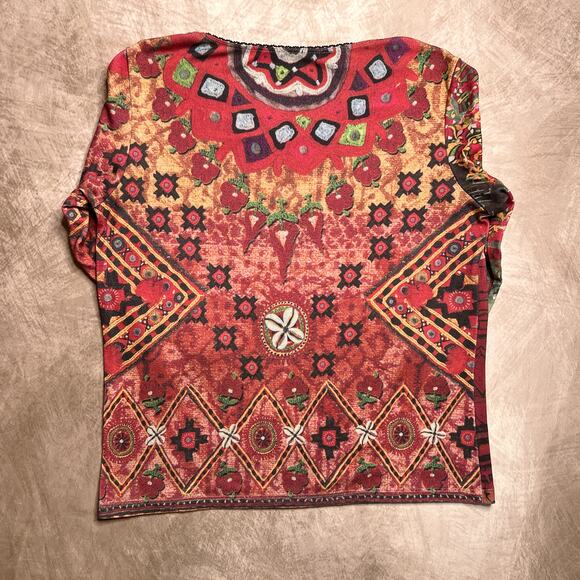 Vintage 90s Chinese Art Patchwork Animal Print Floral 3/4 Sleeve Shirt Indie Y2K - Picture 2 of 4
